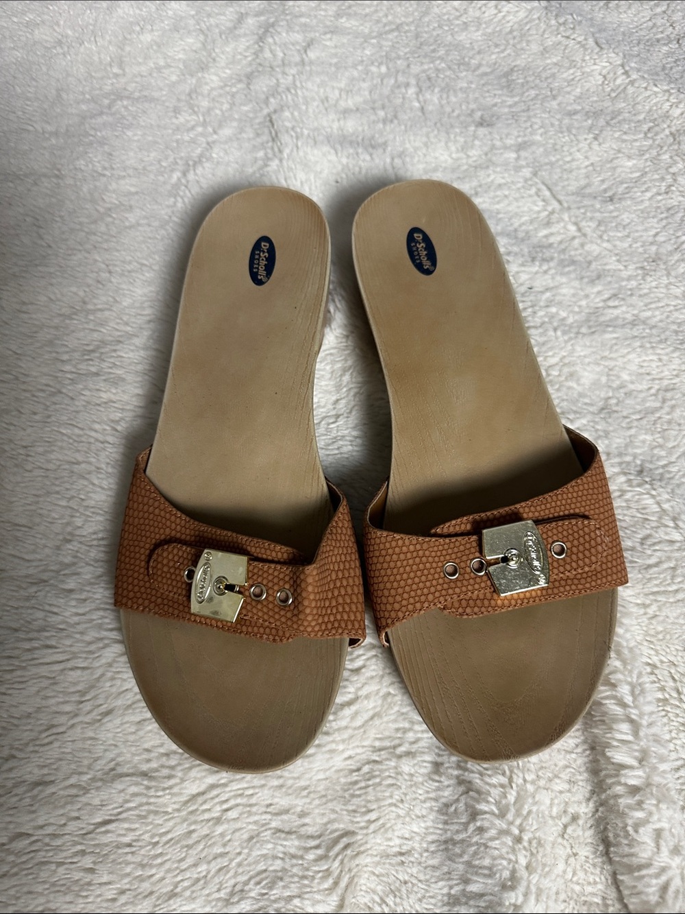 Dr. Scholl's Brown Slide Sandals with Gold Buckle Accent